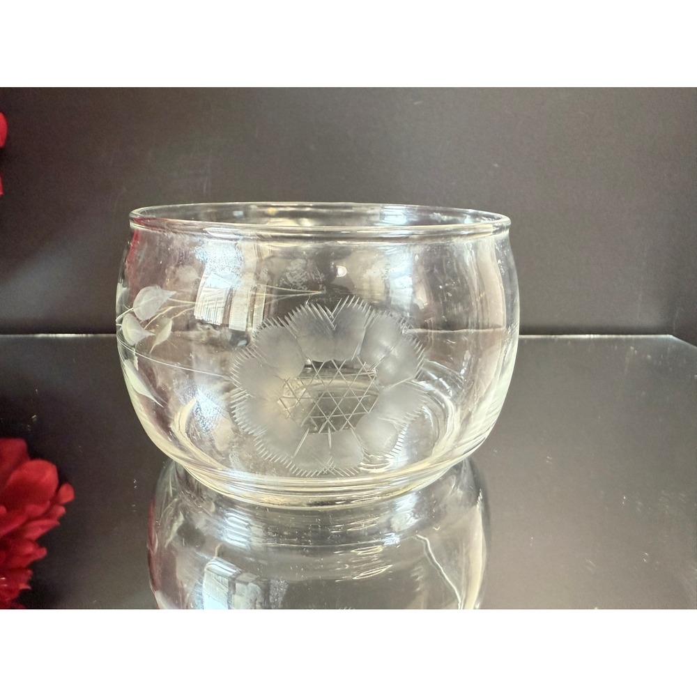 Vintage W J Hughes Cornflower Etched Glass Bowl Clear Round Serving Display Dish